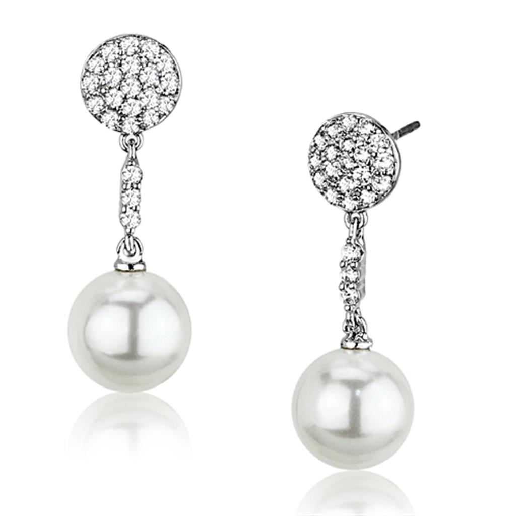 JCE350 Rhodium Brass Earrings with Synthetic Pearl in White